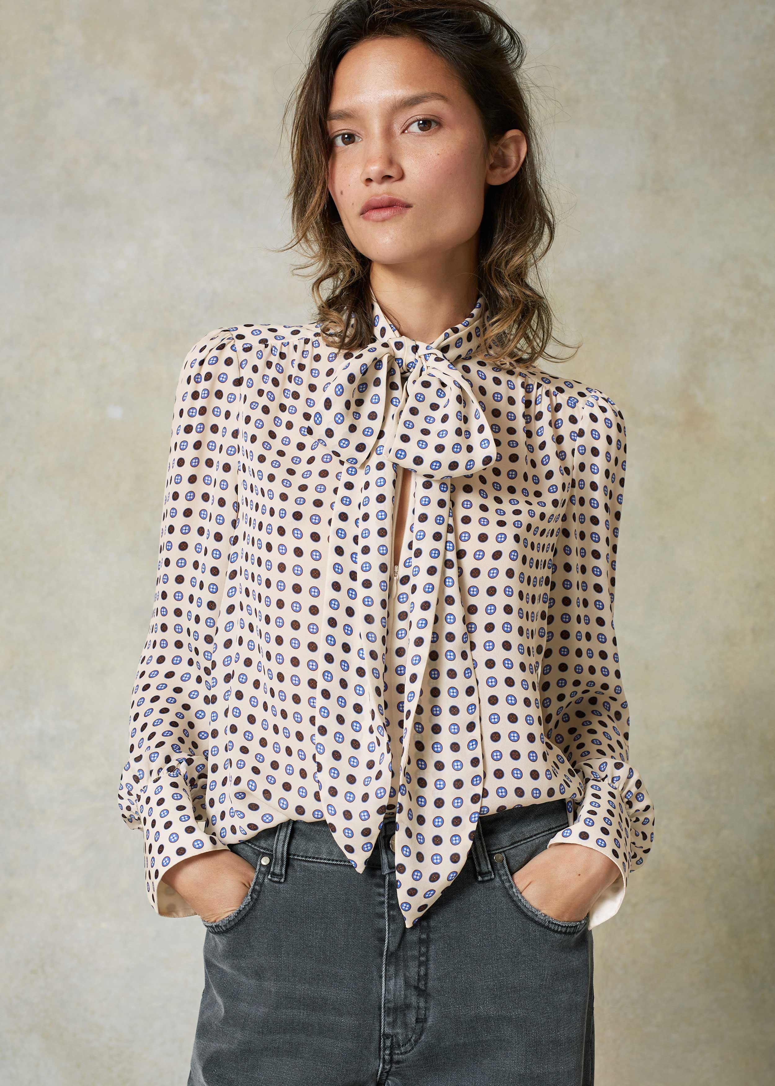 Silk Circle Print Pussybow Blouse Cream/Blue