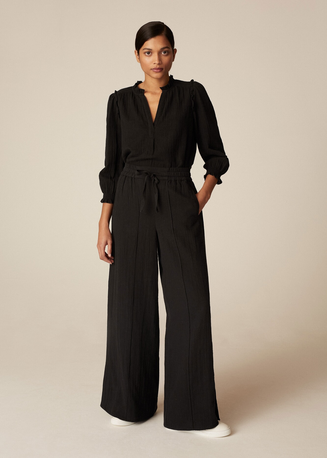 Cotton Cheesecloth Drawstring Wide-Leg Trousers