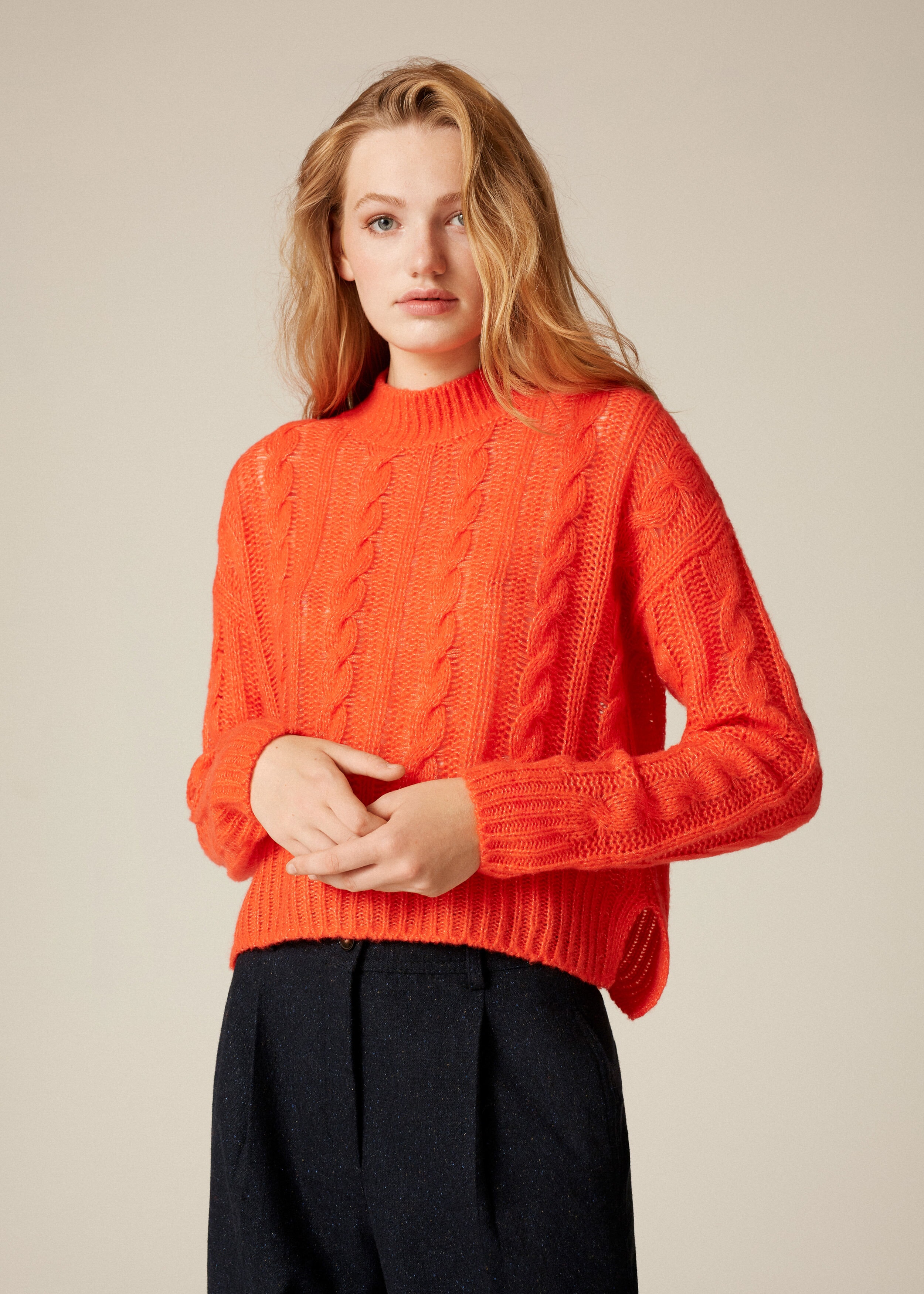 Cashmere Silk Cable Knit Sweater Persimmon