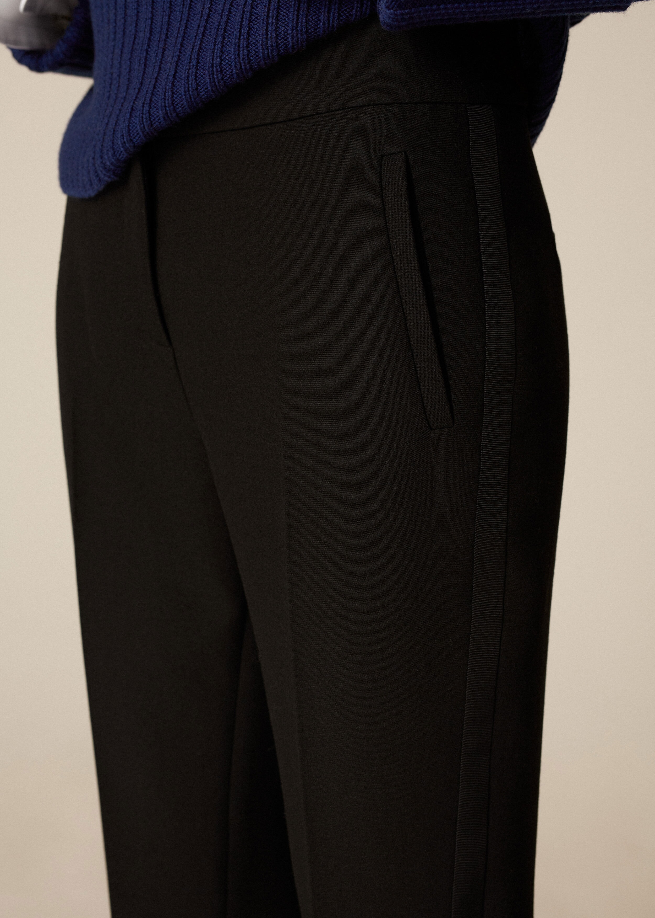 Luxe Grosgrain Stripe Slim Crop Trouser Black