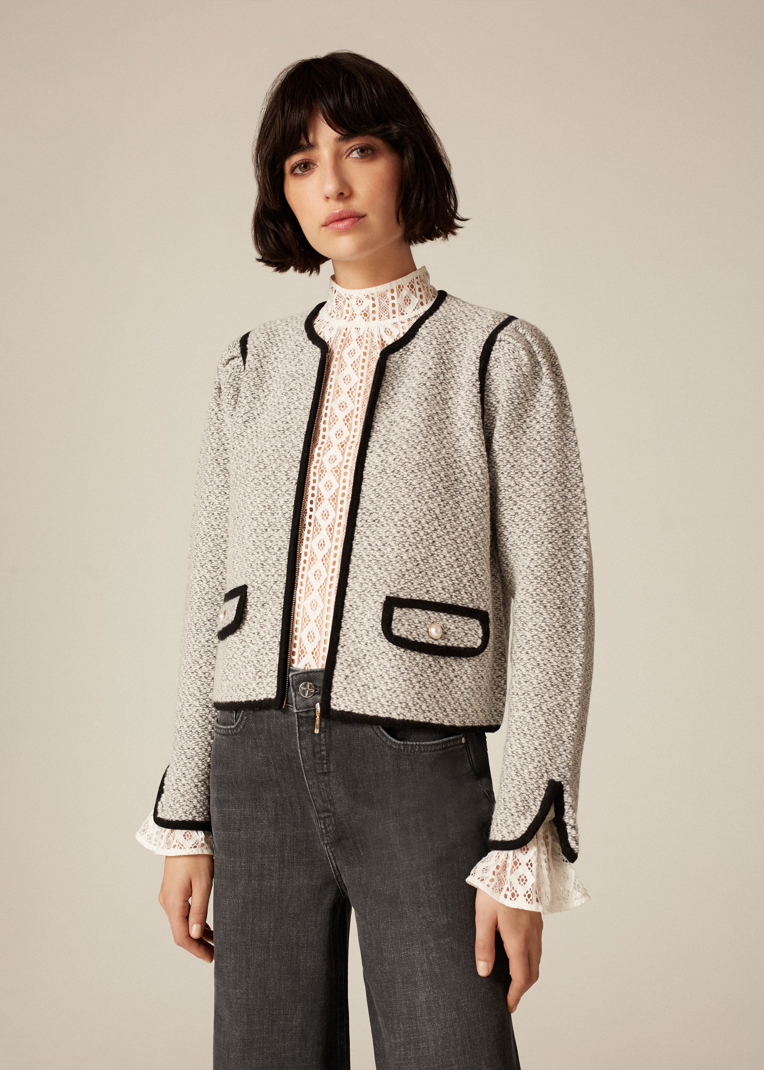 Pearl Button Tweed Knit Jacket