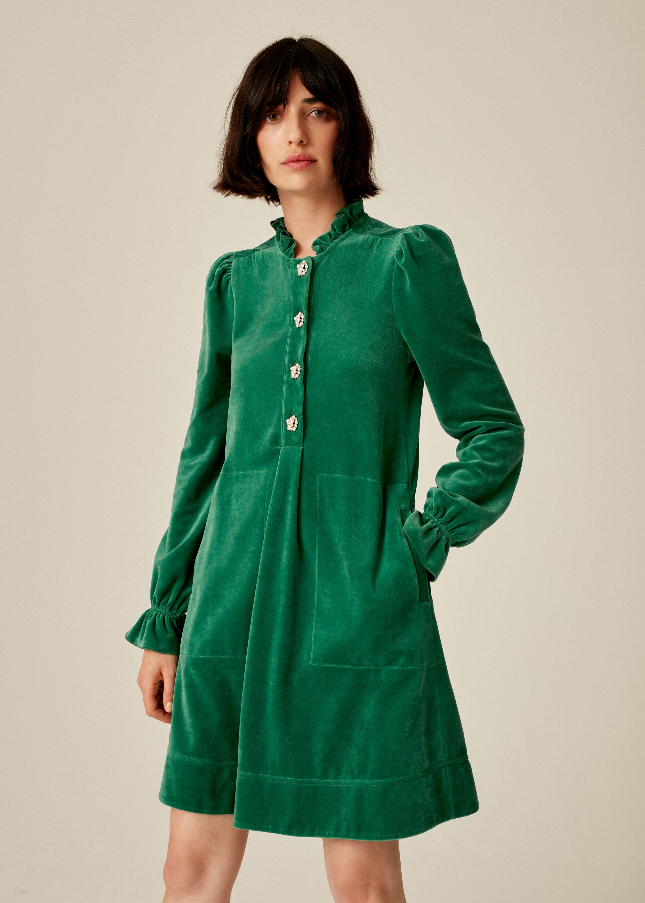 Feature Button Velour Swing Dress Vibrant Green