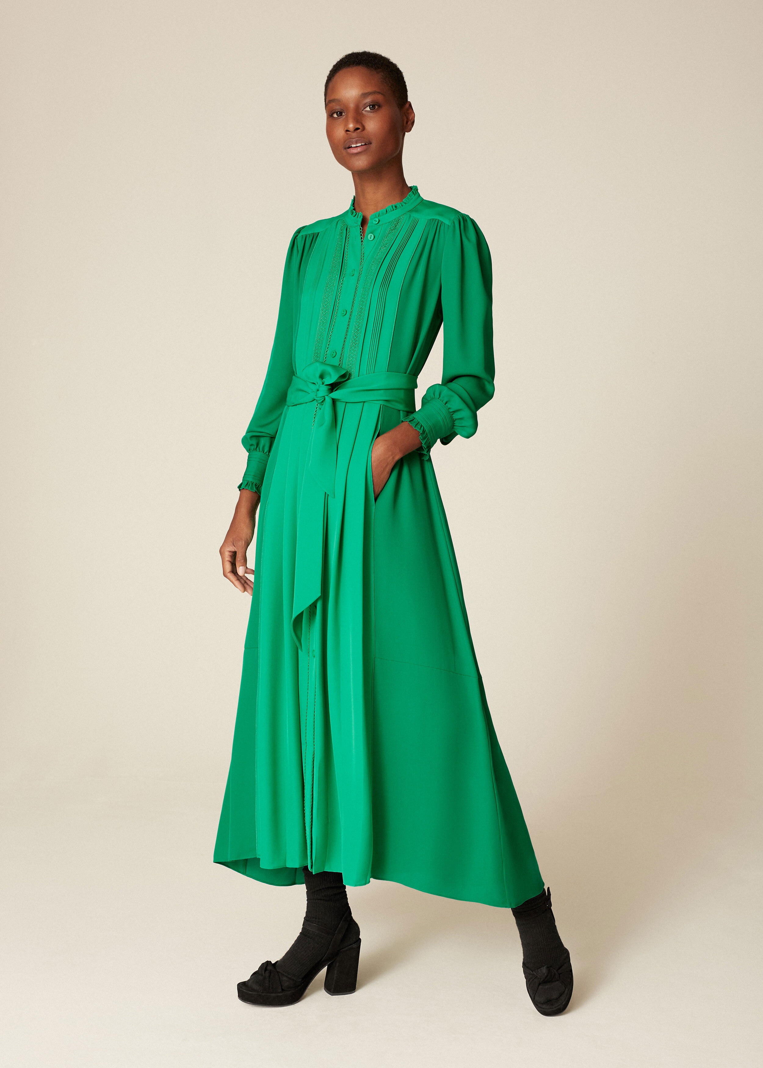 Silk Colour Block Feminine Dress + Belt Vibrant Green/Parakeet