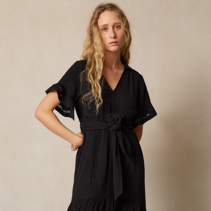 Cheesecloth Maxi Shirt Dress + Belt Black