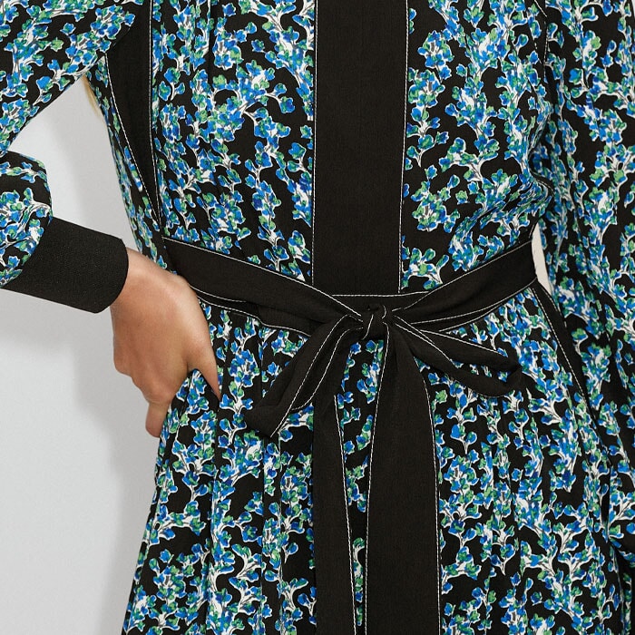 Autumn Collage Print Belted Midi Dress Cream/Blue/Black
