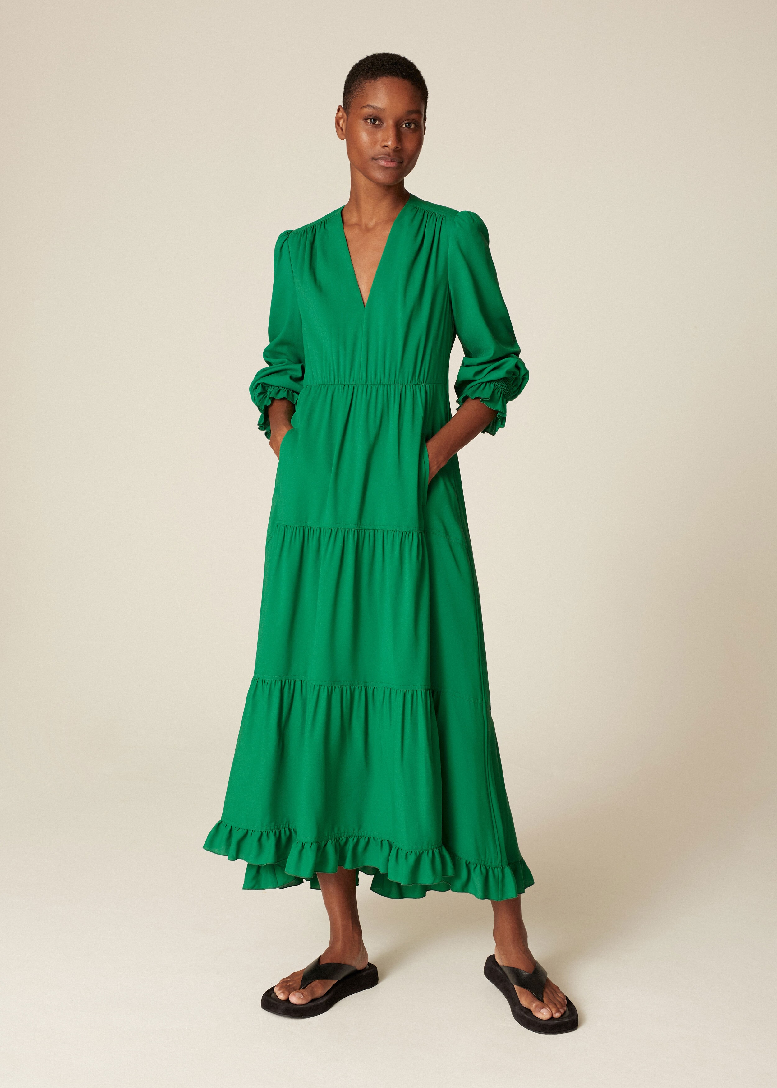 Feminine V Neck Maxi Dress + Belt Vibrant Green